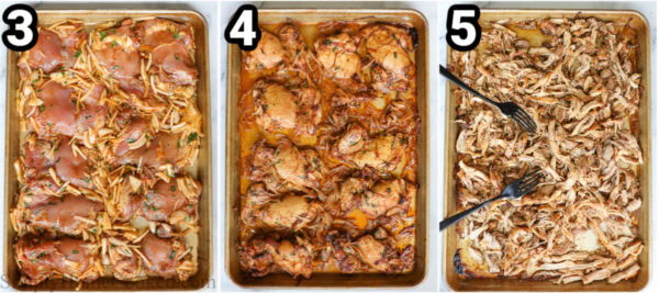 Steps to make Baked Chicken Tacos: bake the marinated chicken and then shred it with two forks.