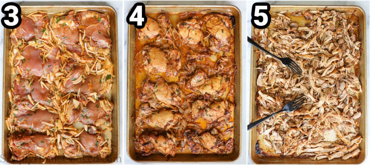 Steps to make Baked Chicken Tacos: bake the marinated chicken and then shred it with two forks. 