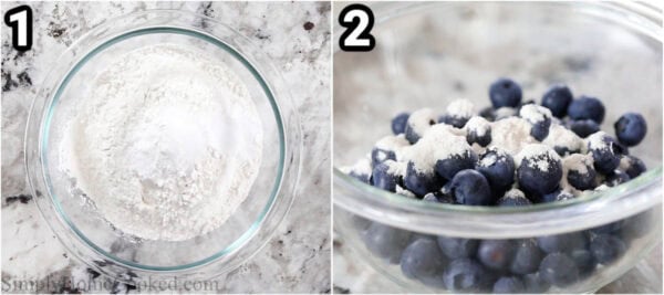 Steps to make Blueberry Muffins: mix together the flour, baking soda, baking powder, and salt, then mix the blueberries with flour.