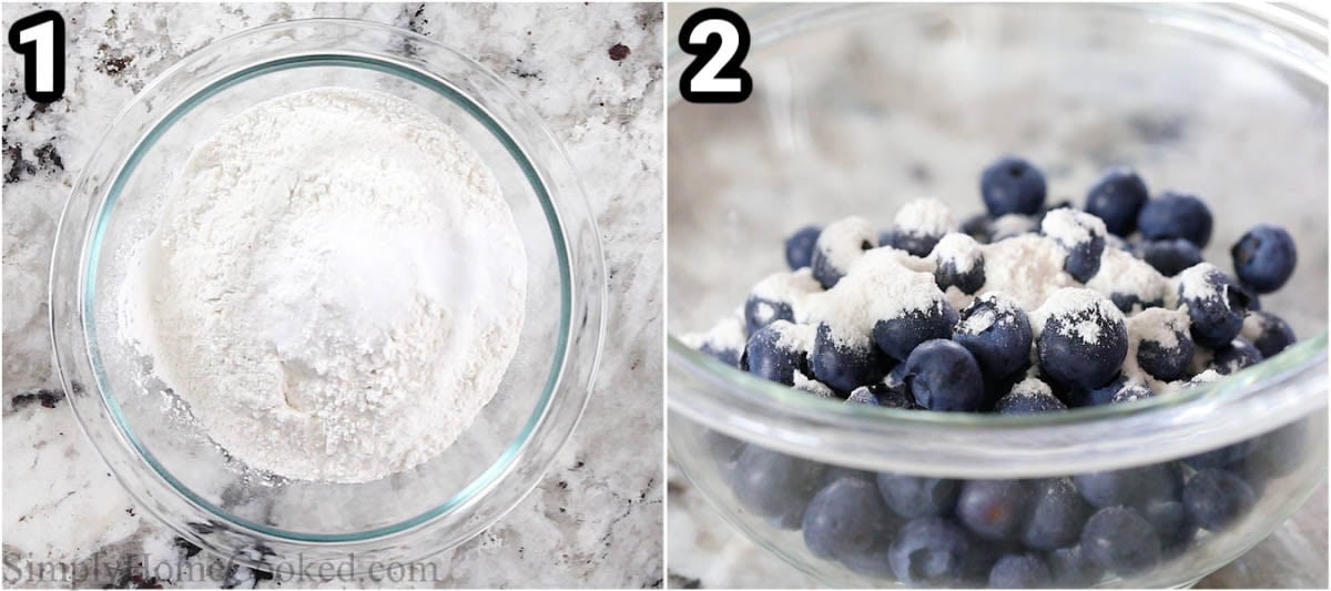 Steps to make Blueberry Muffins: mix together the flour, baking soda, baking powder, and salt, then mix the blueberries with flour. 