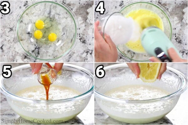 Steps to make Blueberry Muffins: beat the eggs with an electric hand mixer, then add the sugar, vanilla, and lemon juice.