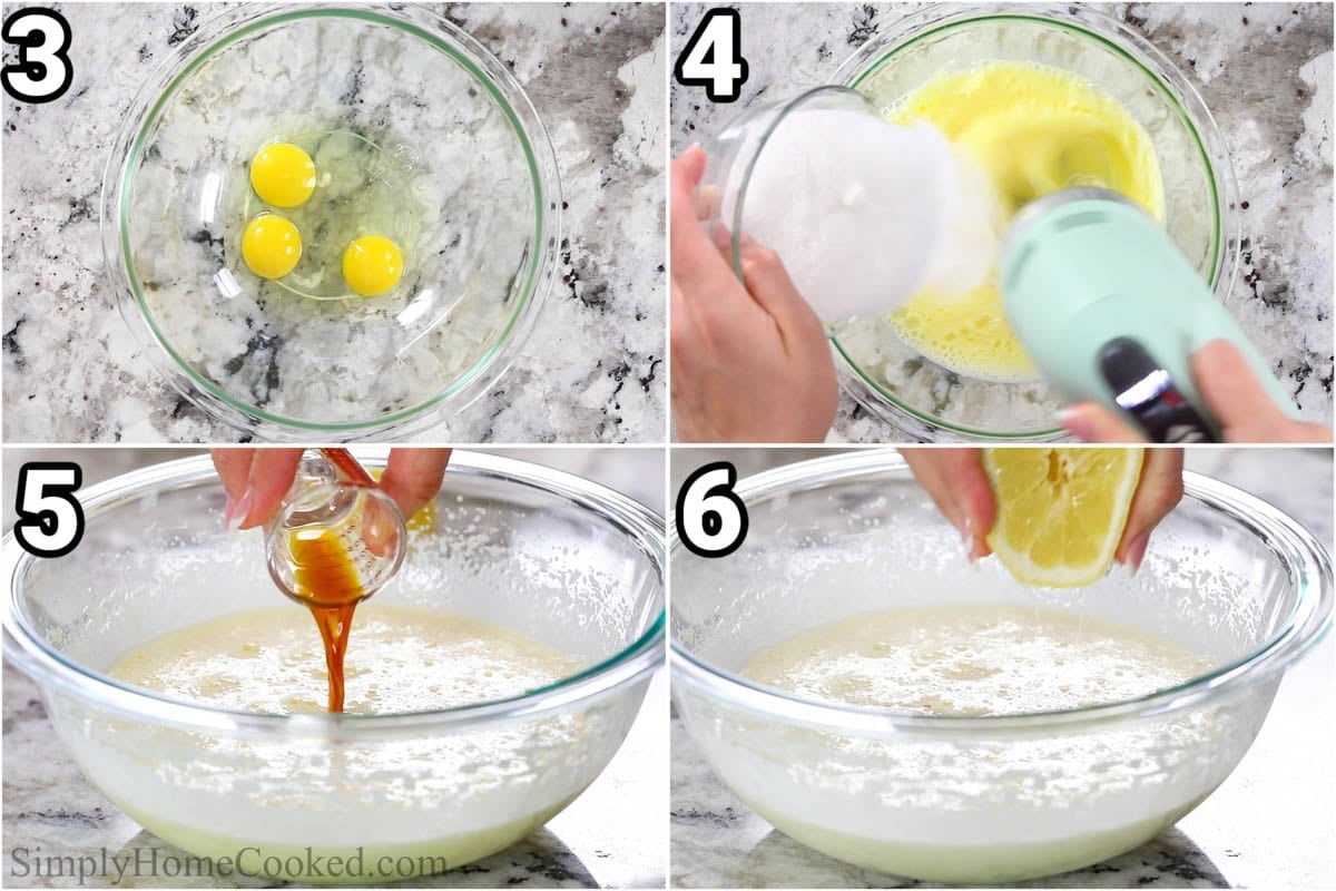 Steps to make Blueberry Muffins: beat the eggs with an electric hand mixer, then add the sugar, vanilla, and lemon juice. 