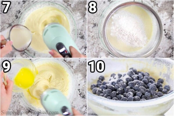 Steps to make Blueberry Muffins: add the heavy cream, then sift in the dry ingredients and add butter and blueberries to the batter.