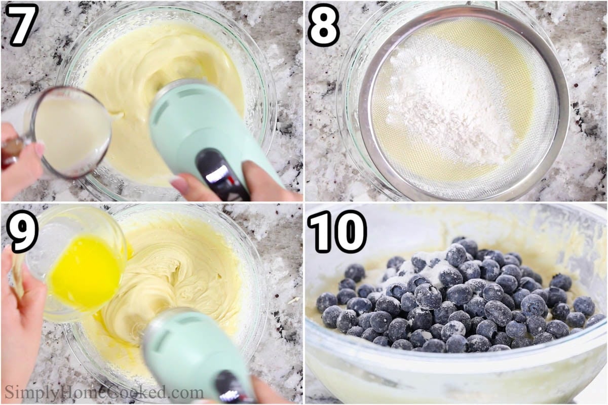 Steps to make Blueberry Muffins:  add the heavy cream, then sift in the dry ingredients and add butter and blueberries to the batter.