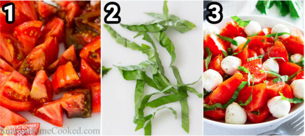Steps to make Chopped Caprese Salad: dice the tomatoes, chop the basil, and then mix it all with oil, salt, pepper, mozzarella balls, and balsamic vinegar.