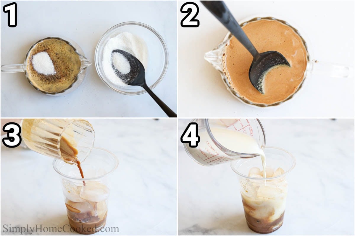 Steps to make Iced White Chocolate Mocha: mix the espresso and white chocolate powder, then add it to a cup with ice, and top with milk.