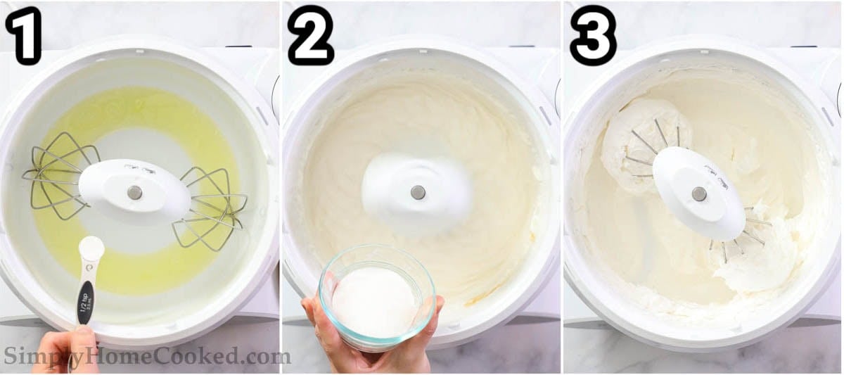 Steps to make Vanilla Macarons: whisk the egg whites, and add salt, cream of tartar, and vanilla.