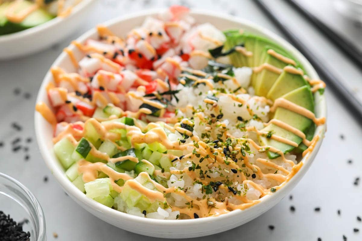 California Roll Sushi Bowl drizzled with spicy mayo.
