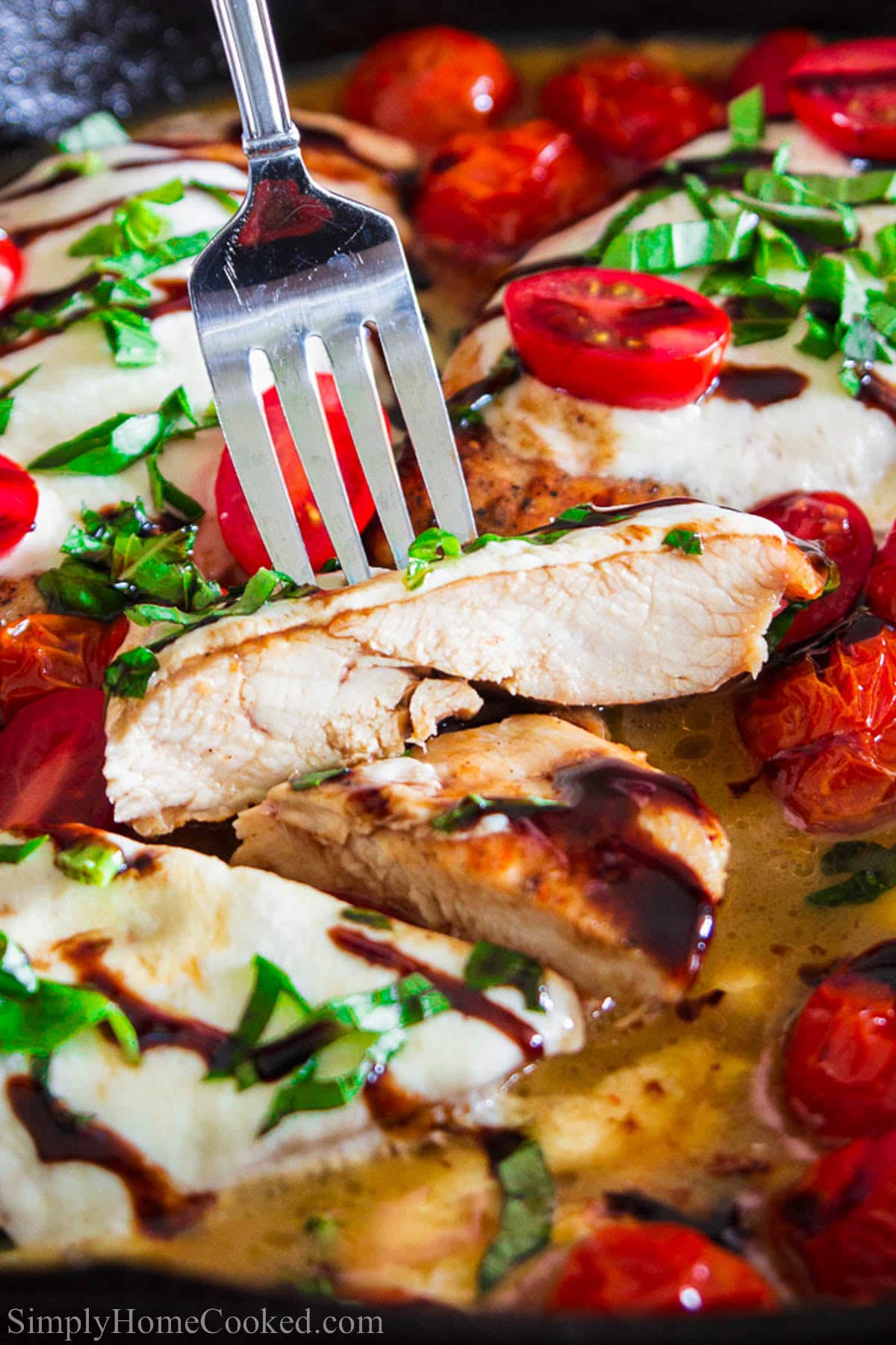 Close up of sliced Caprese Chicken