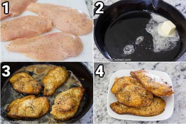 Steps to make Caprese Chicken: slice and season the chicken with salt and pepper, then saute it in a skillet with butter and set aside.