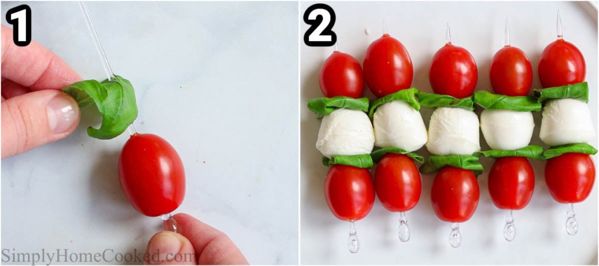 Steps to make a Caprese skewer: Skewer tomatoes, basil, and mozzarella cheese and drizzle with balsamic glaze, salt and pepper.
