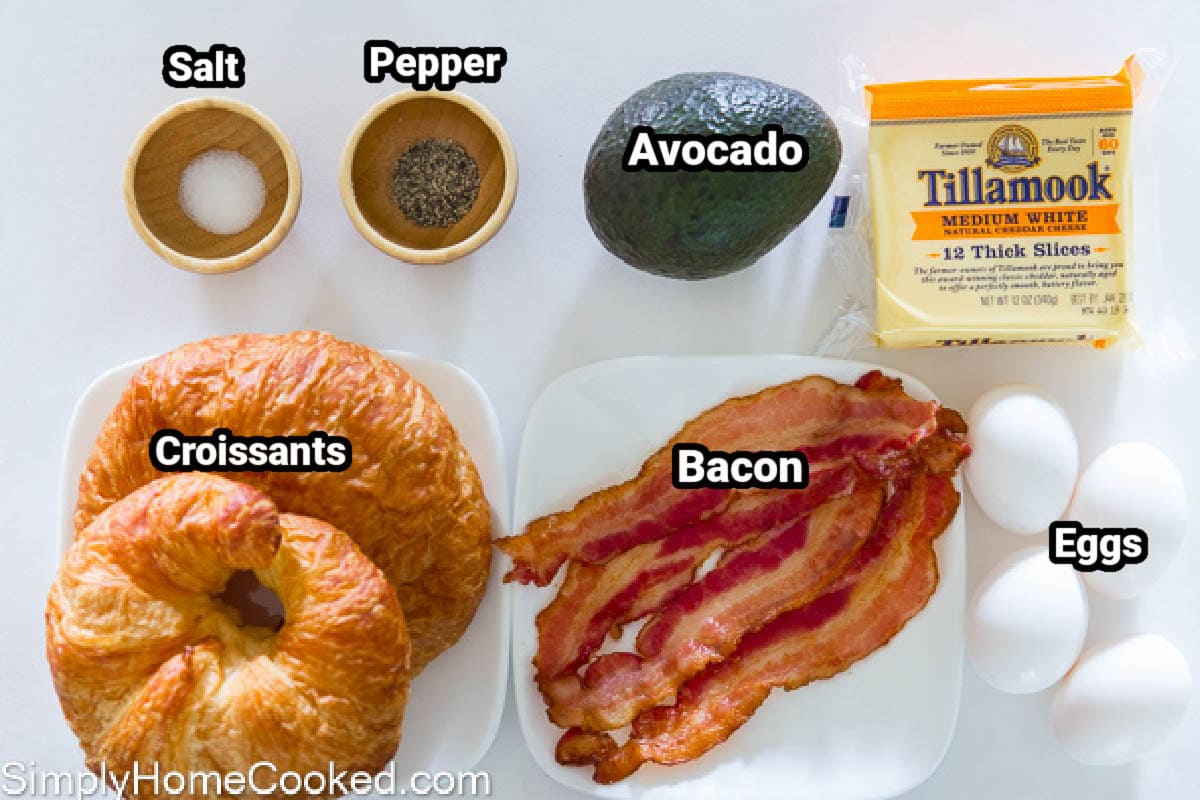 Ingredients for Croissant Breakfast Sandwich: croissants, bacon, eggs, white cheddar cheese slices, salt, and pepper.
