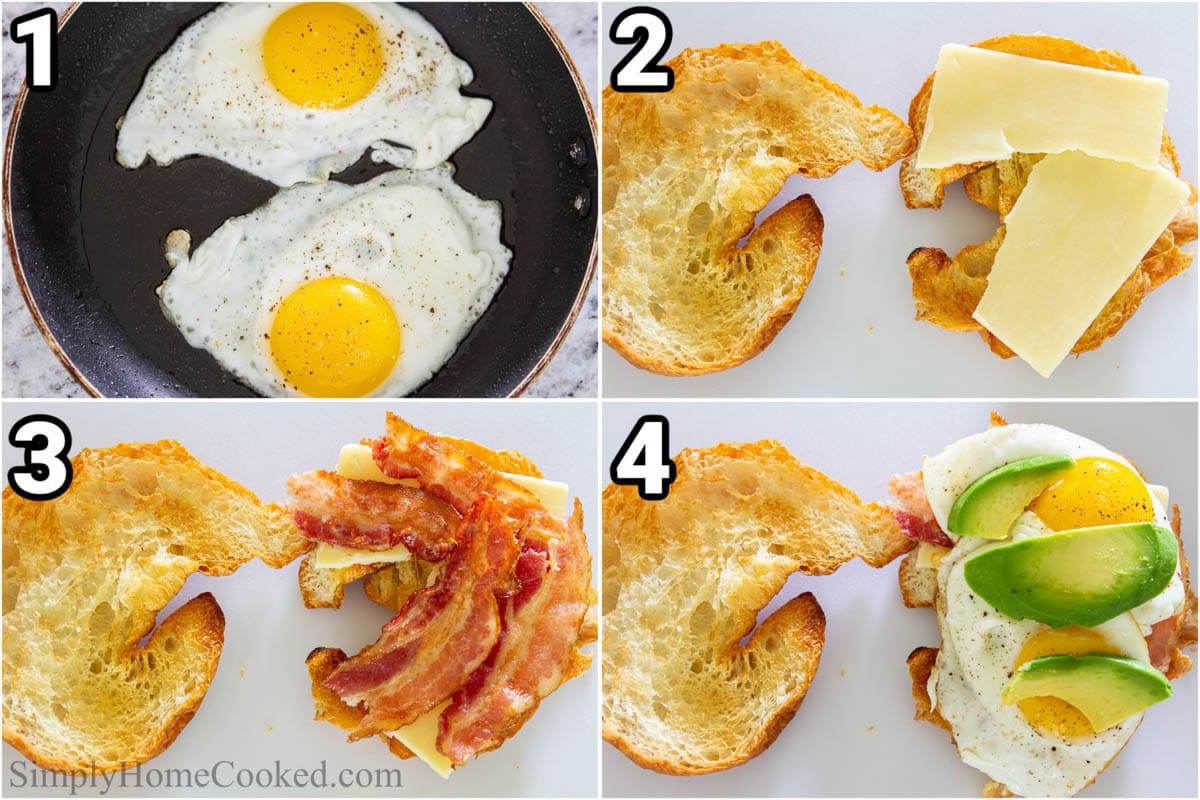 Steps to make Croissant Breakfast Sandwich: fry the eggs, toast the croissant, top with cheese, then crispy bacon, then eggs and avocado.