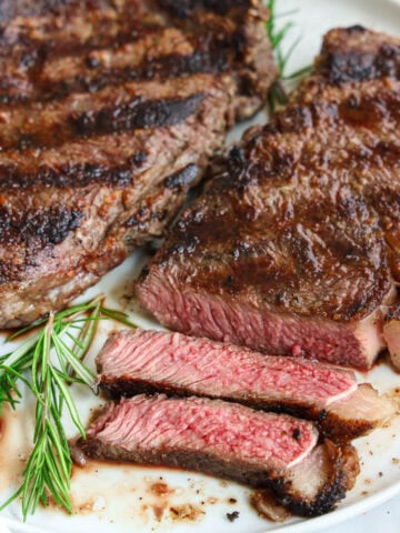 Close up of Grilled Ribeye Steak, sliced.