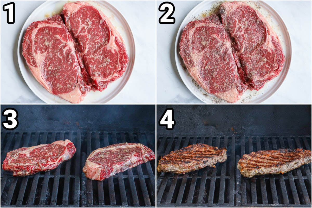 Steps to make Grilled Ribeye Steak: season the steak with oil, pressed garlic, salt, and pepper, then grill them on both sides.