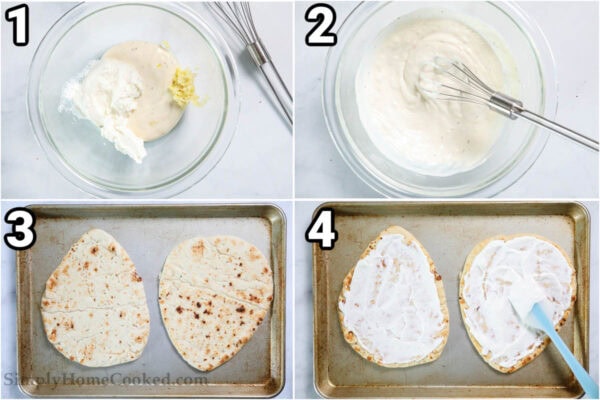 Steps to make Mushroom Arugula Flatbread Pizza: whisk together the ranch, yogurt, and garlic, then spread it over the naan.