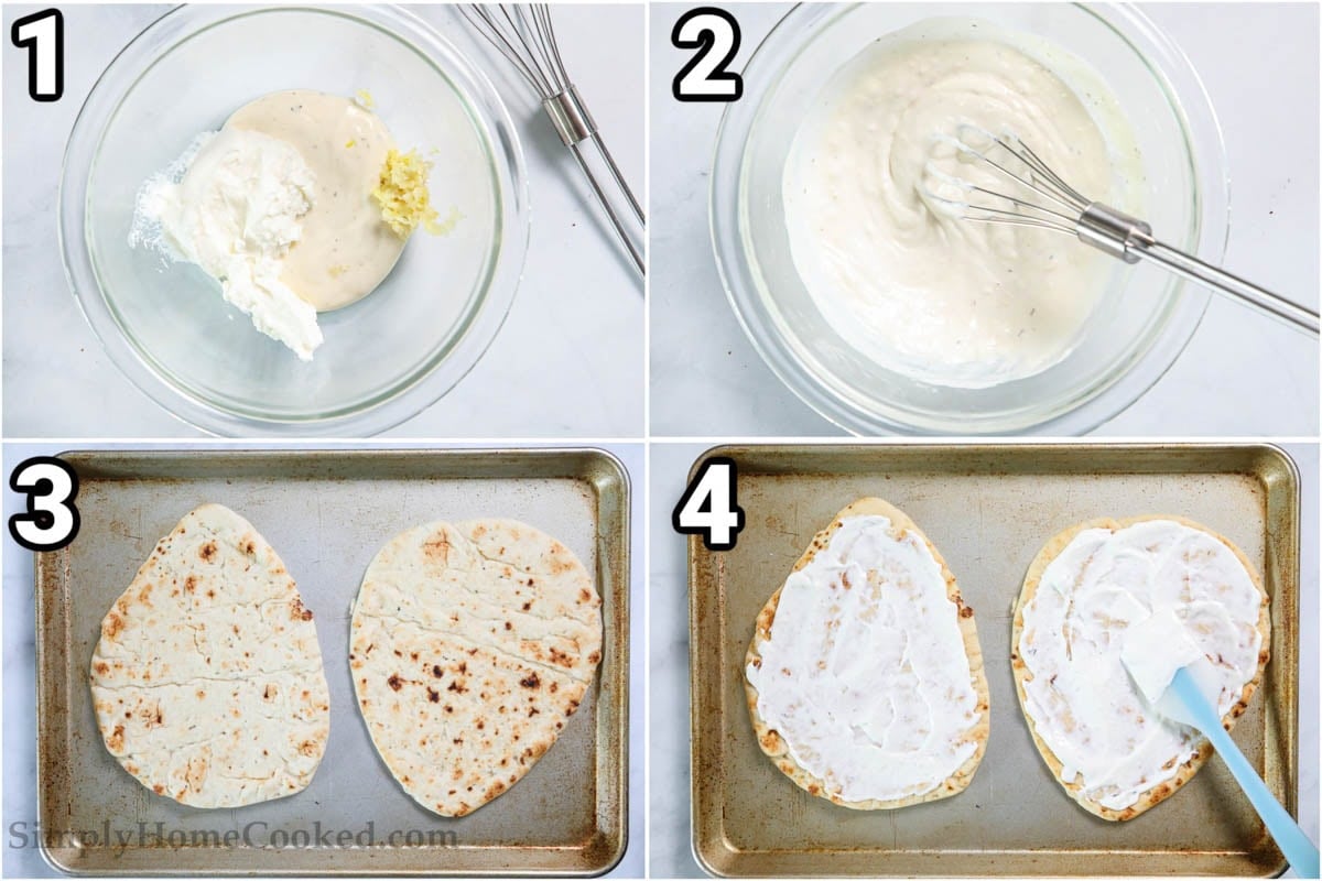 Steps to make Mushroom Arugula Flatbread Pizza: whisk together the ranch, yogurt, and garlic, then spread it over the naan. 