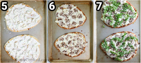 Steps to make Mushroom Arugula Flatbread Pizza: top the flatbread with mozzarella and dollops of ricotta, then add mushroom slices and arugula leaves, and bake.