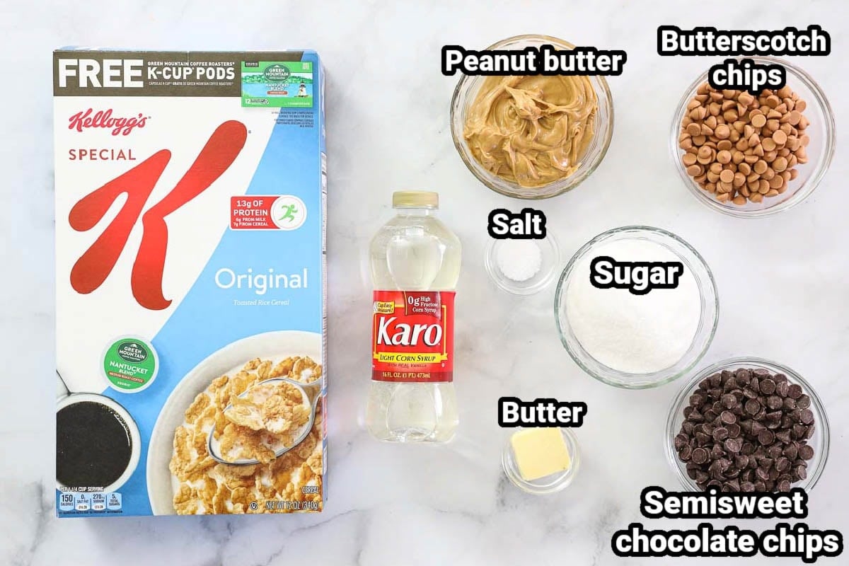 Special K-bar ingredients with a chewy texture: Special K-cereal, peanut butter, butterscotch chips, salt, sugar, corn syrup, butter, semi-sweet chocolate chips. 