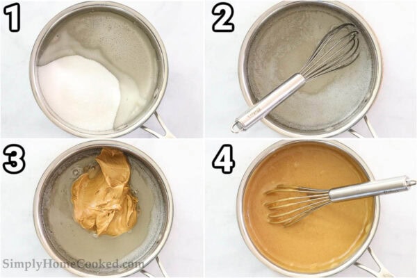 Steps to make Chewy Special K Bars: boil the sugar and corn syrup, stirring with a whisk, then combining it with the peanut butter.