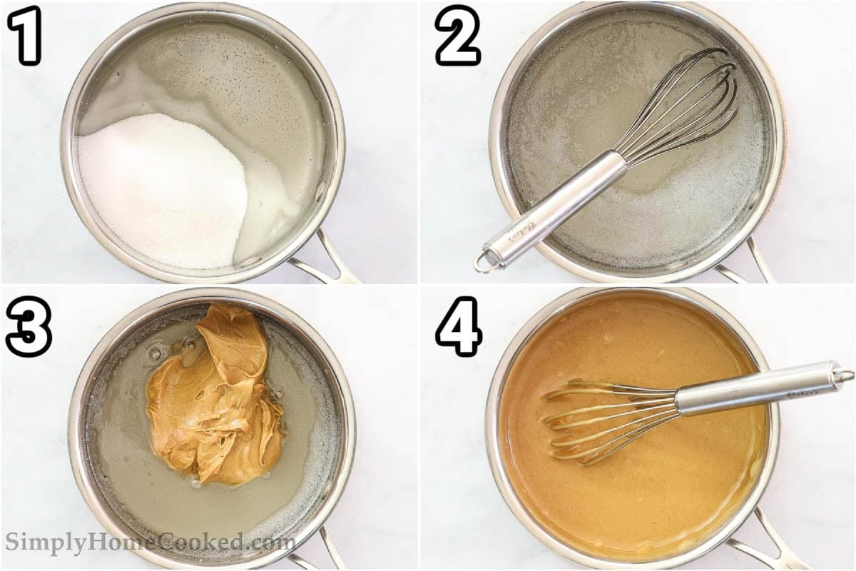 Steps to make a special K-bar with a chewy texture: Bring the sugar and corn syrup to a boil, stir in a whisk, and combine with peanut butter.