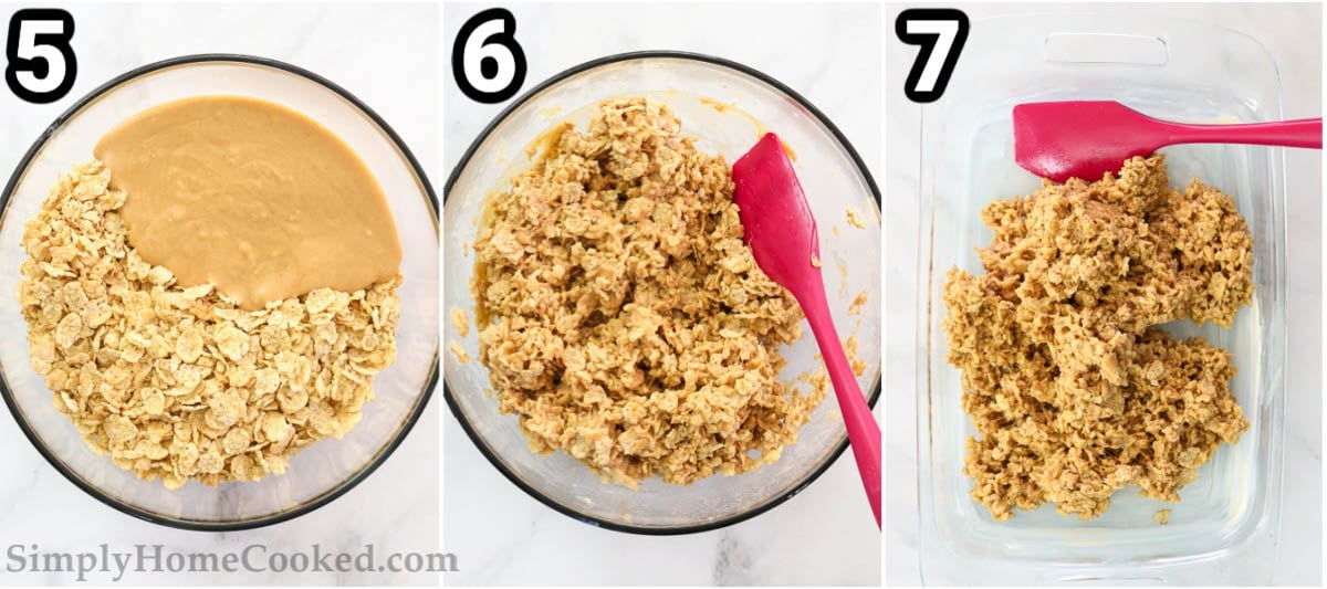Steps to make a special K-bar with a chewy texture: Add the peanut butter mixture along with the special K-cereal and push it into the baking dish with a spatula.