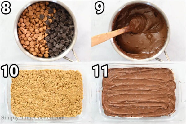Steps to make Chewy Special K Bars: melt the chocolate chips and butterscotch chips, then spread it on top of the cereal in the baking dish.