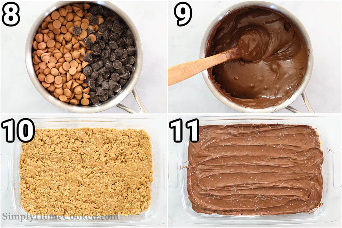 Steps to make a special K-bar with a chewy texture: Melt the chocolate chips and butterscotch chips and spread them over the cereal in a baking dish. 