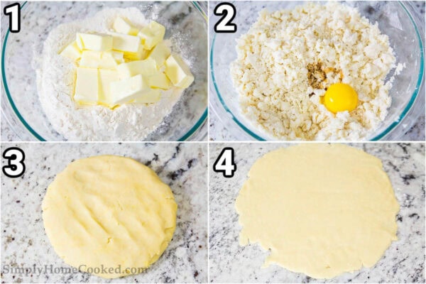 Steps to make a Bakewell Tart: add the cut butter to the flour and powdered sugar, then mix and add egg yolk and vanilla, and mix again before rolling it out into a disc.