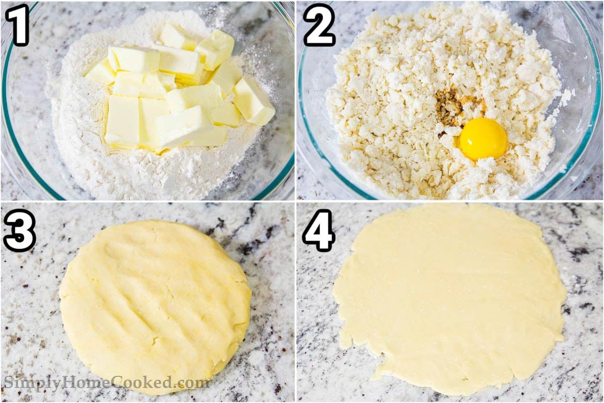 Steps to make a Bakewell Tart: add the cut butter to the flour and powdered sugar, then mix and add egg yolk and vanilla, and mix again before rolling it out into a disc.