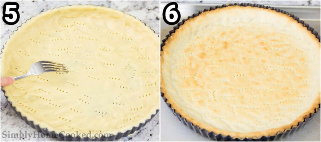 Steps to make a Bakewell Tart: form the dough into a tart pan and poke it with a fork before baking. 