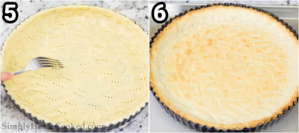 Steps to make a Bakewell Tart: form the dough into a tart pan and poke it with a fork before baking.