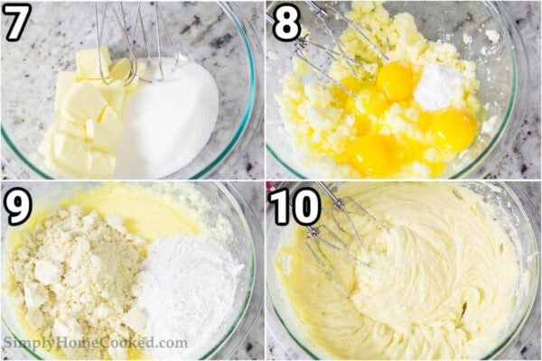 Steps to make a Bakewell Tart: cream the butter and granulated sugar together, then add the eggs and baking powder, then mix in the all purpose flour and almond flour.