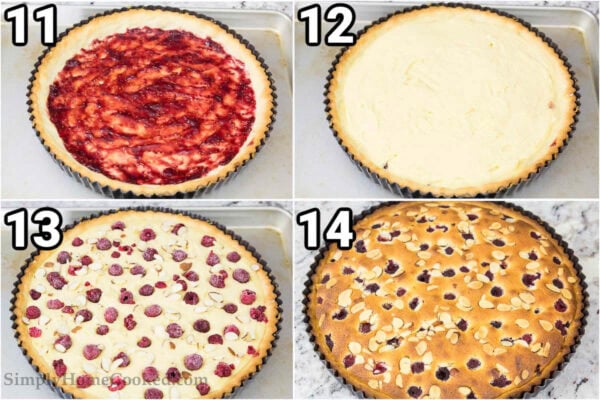 Steps to make a Bakewell Tart: fill the tart shell with raspberry jam, almond frangipane filling, and top with almonds slices and raspberries, then bake.