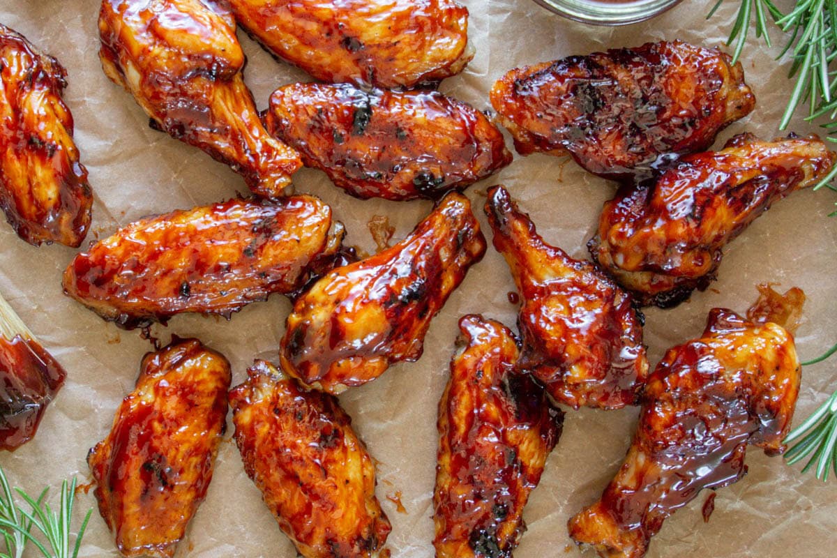 BBQ Chicken Wings covered in barbecue sauce.