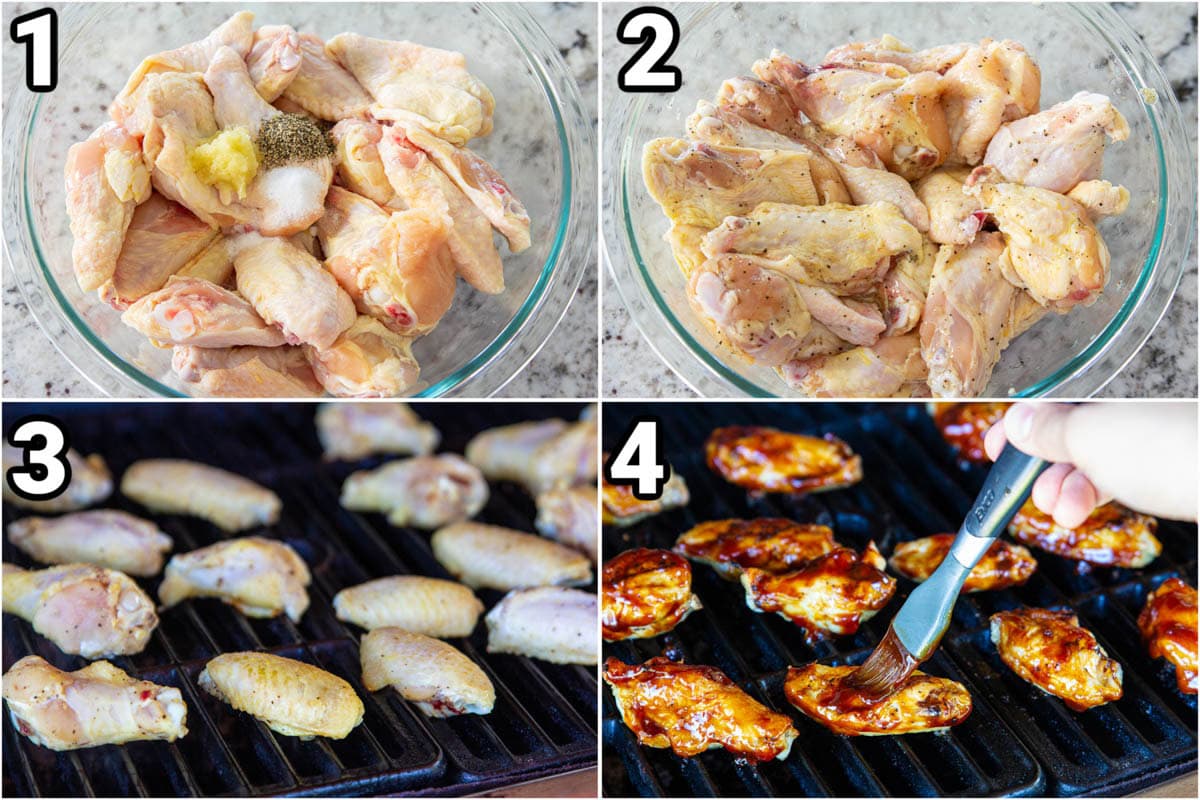 Steps to make BBQ Chicken Wings: marinate the wings with salt, pepper, and minced garlic, then grill them and brush with bbq sauce.