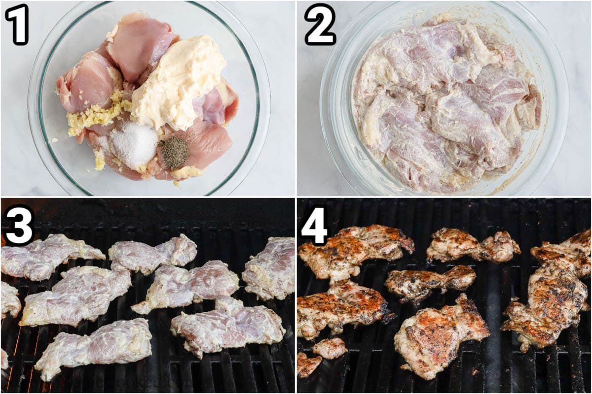 Steps to make BBQ Chicken Thighs: marinate the chicken thighs in mayonnaise, garlic, salt, and pepper, then grill them on both sides.