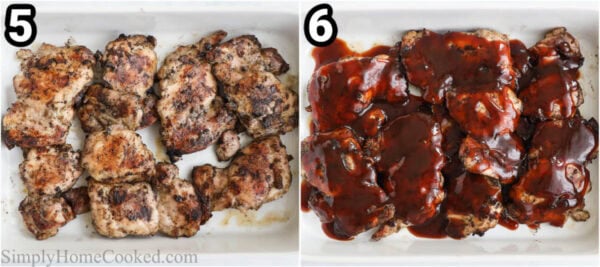 Steps to make BBQ Chicken Thighs: Add BBQ sauce to the hot chicken and let it rest.