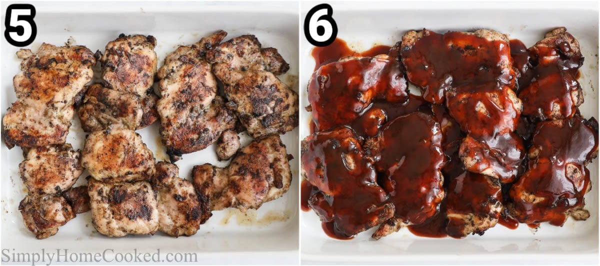Steps to make BBQ Chicken Thighs: Add BBQ sauce to the hot chicken and let it rest.