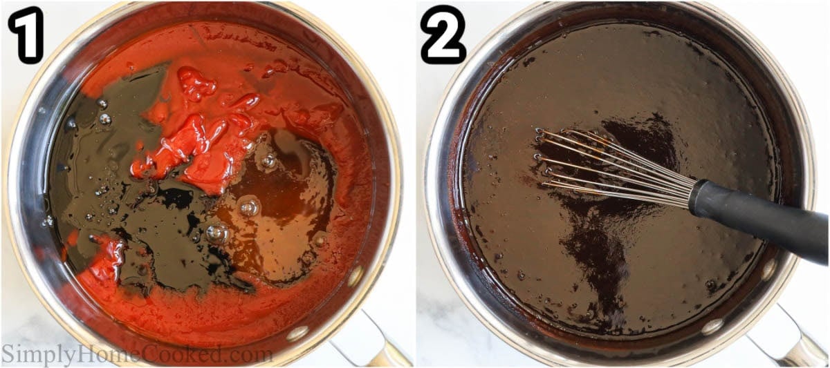 Steps to make BBQ Sauce: combine ketchup, honey, molasses, and liquid smoke, stir with a whisk, and simmer. 