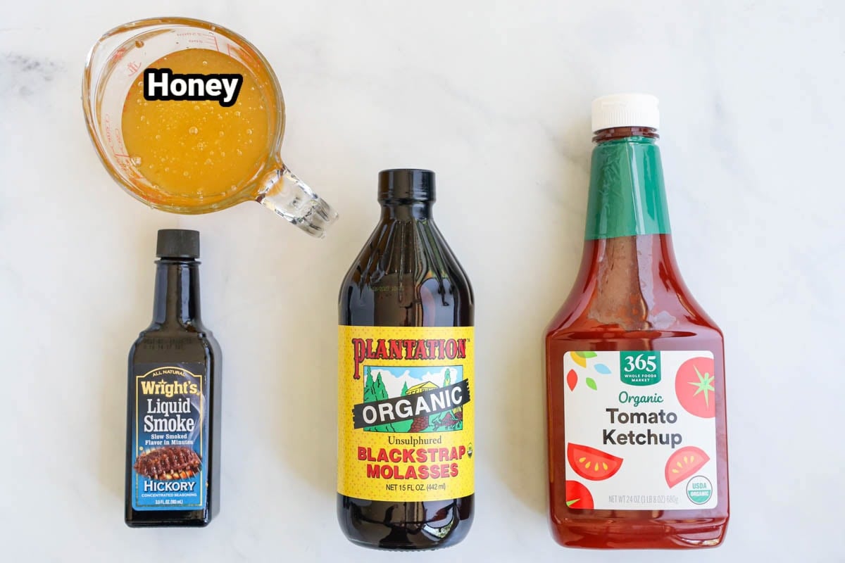BBQ Sauce ingredients: honey, liquid smoke, molasses, and ketchup. 