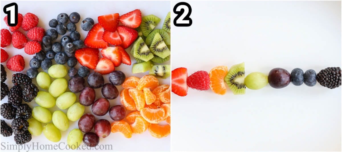 Steps to make Fruit Kabobs: wash and cut the fruit, then put them on skewers.