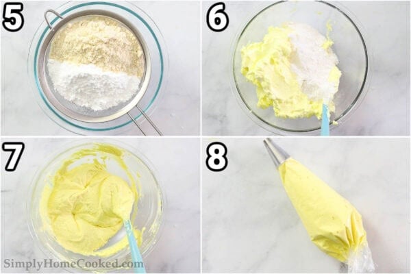 Steps to make Lemon Macarons: sift in the almond flour and powdered sugar, fold in the egg whites, then fill a piping bag with the batter.