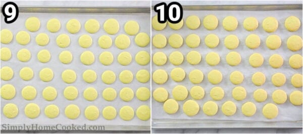 Steps to make Lemon Macarons: pipe the batter onto a baking sheet, allow them to dry, then bake them.
