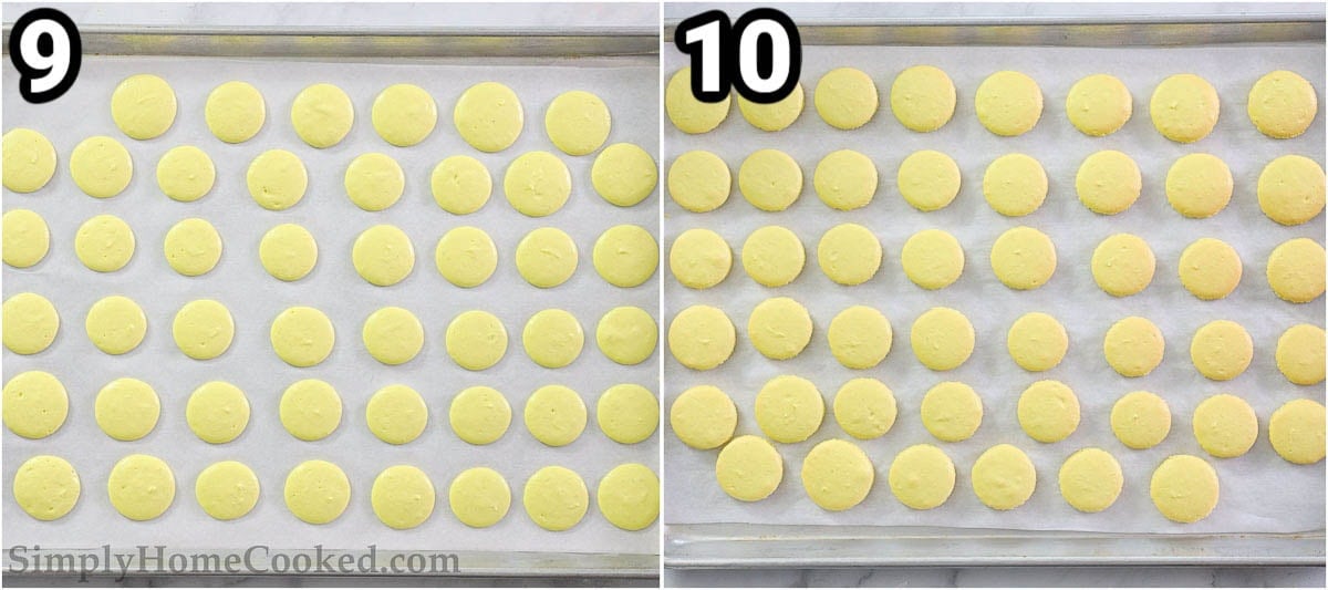 Steps to make Lemon Macarons: pipe the batter onto a baking sheet, allow them to dry, then bake them. 