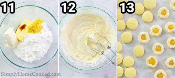 Steps to make Lemon Macarons: make buttercream with butter, cream cheese, powdered sugar, milk, vanilla extract, and lemon zest, then pipe it onto the macaron shells.
