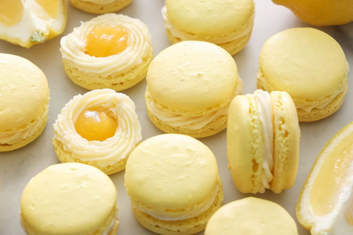Lemon Macarons with lemon curd and lemon buttercream in the center. 