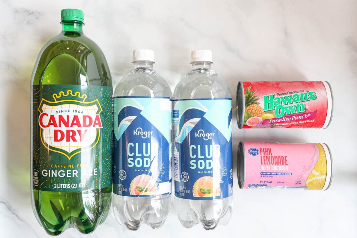 Ingredients for Sparkling Fruit Punch: ginger ale, club soda, frozen paradise punch, and frozen pink lemonade.