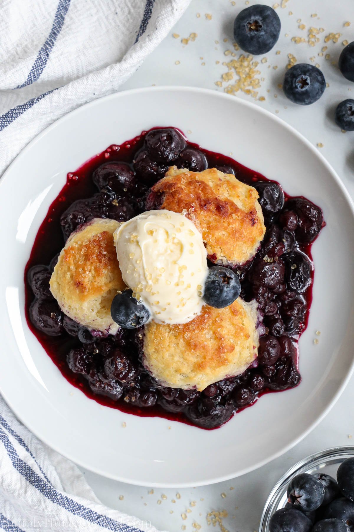 Blueberry Cobbler topped with ice cream. 