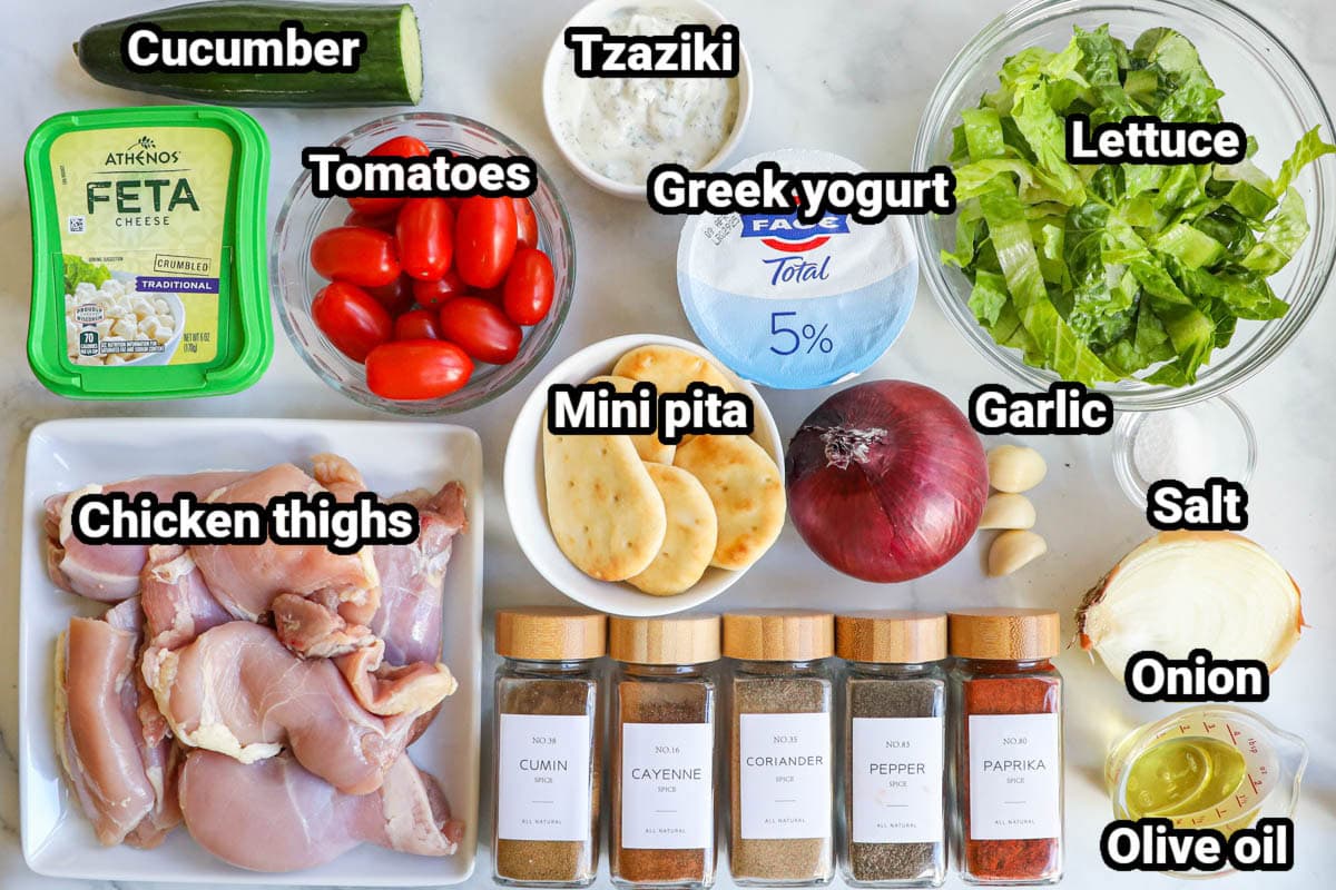 Ingredients for Chicken Shawarma Bowls: tzatziki sauce, tomatoes, cucumbers, onion, feta cheese, pita bread, chicken thighs, Greek yogurt, garlic cloves, salt, olive oil, pepper, cumin, paprika, coriander, cayenne pepper. 
